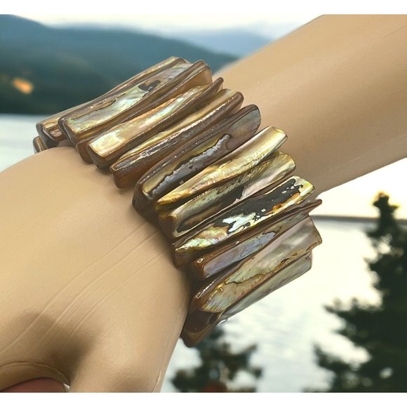 Unbranded Jewelry - Vintage Shell Abalone Stretch Bracelet Beach Boho Brown Tones